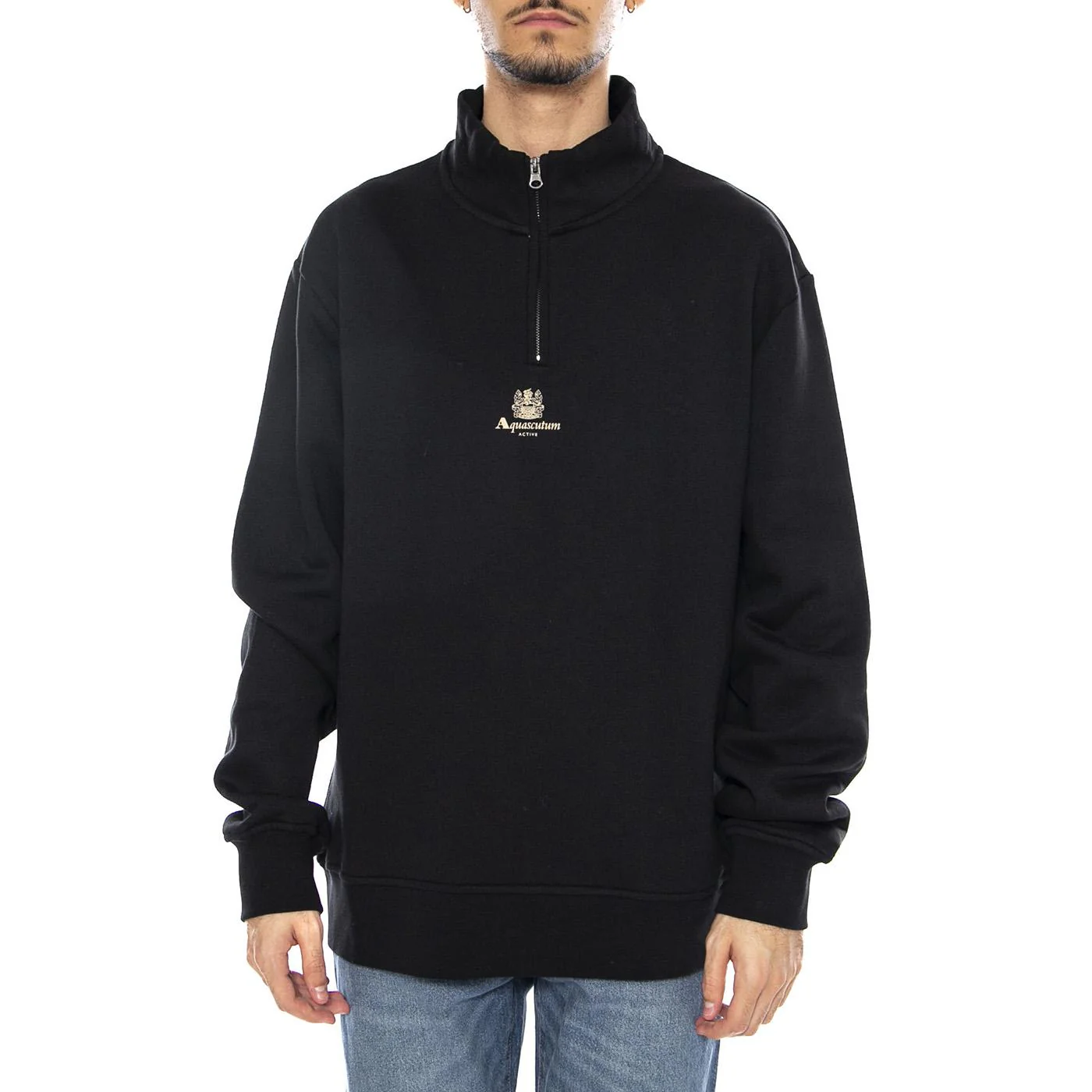 Centered Logo 1/4 Zip Fleece - Felpa Uomo Mezzo Collo Nera Uomo AQUASCUTUM - Image 2