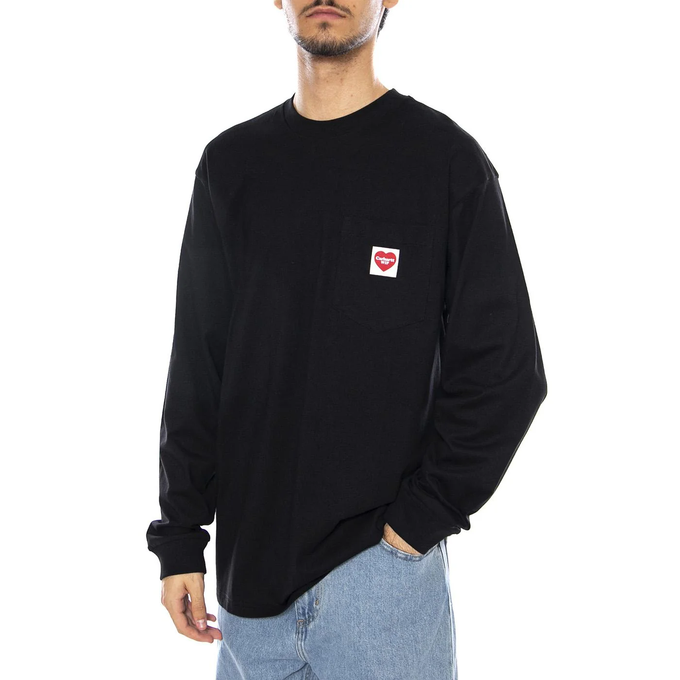 L/S Pocket Heart T-Shirt Black / Red - Maglietta Girocollo Maniche Lunghe Uomo Nera Uomo CARHARTT WIP