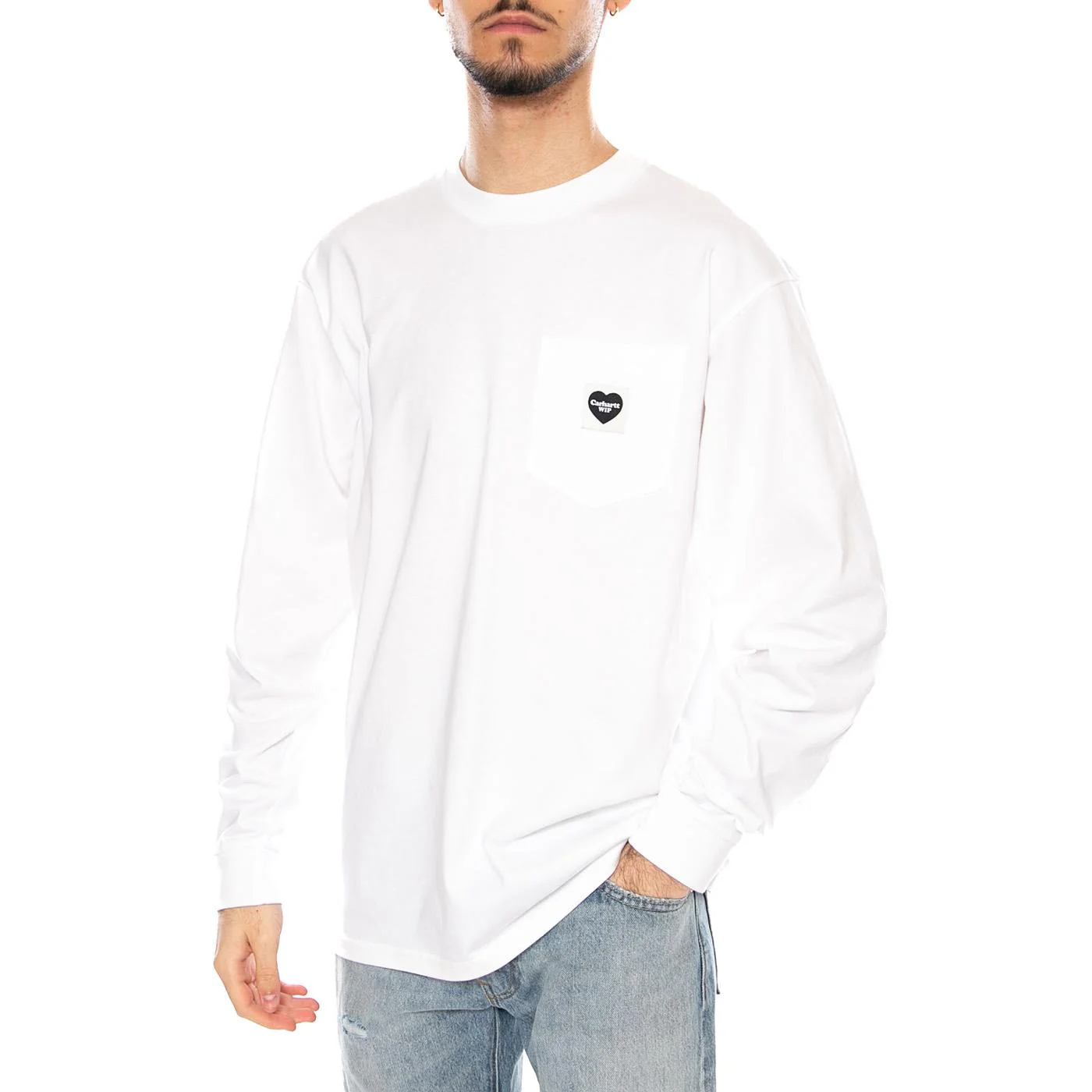 L/S Pocket Heart T-Shirt White / Black - Maglietta Girocollo Maniche Lunghe Uomo Bianca Uomo CARHARTT WIP