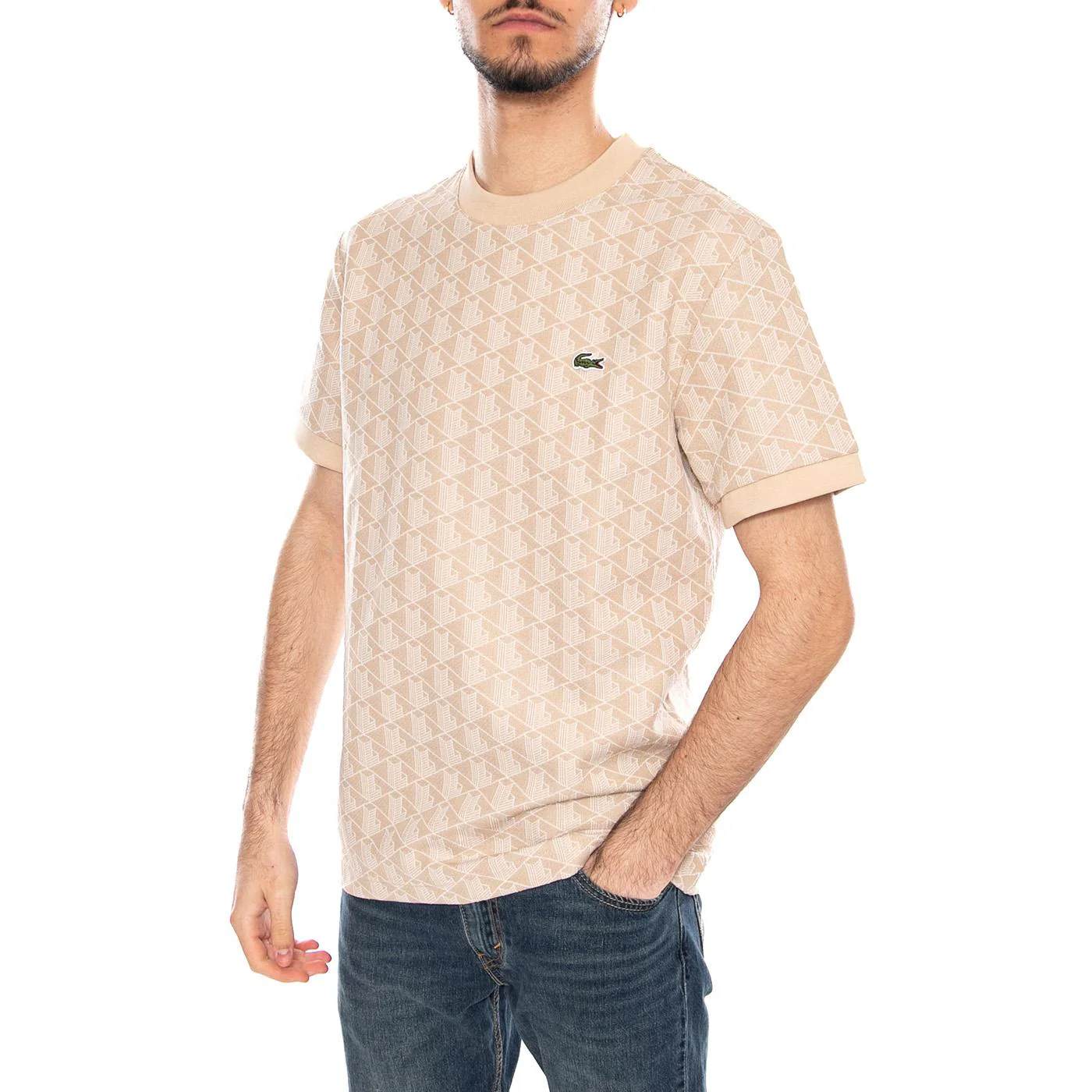 T-shirt Slim Fit Monogramma Jacquard - Polo Uomo Beige con Logo Lacoste Uomo LACOSTE