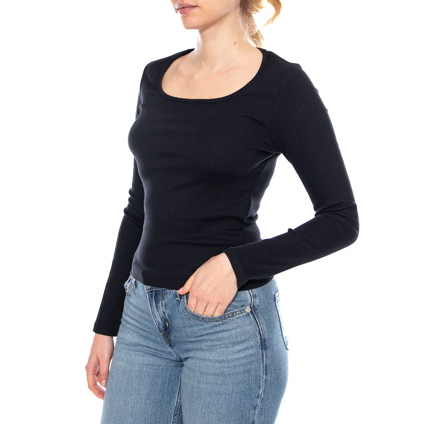 Essential Sqrd Neck Long Sleeve - Bright White Rib - Maglietta Girocollo Maniche Lunghe Donna Nera  Donna LEVIS