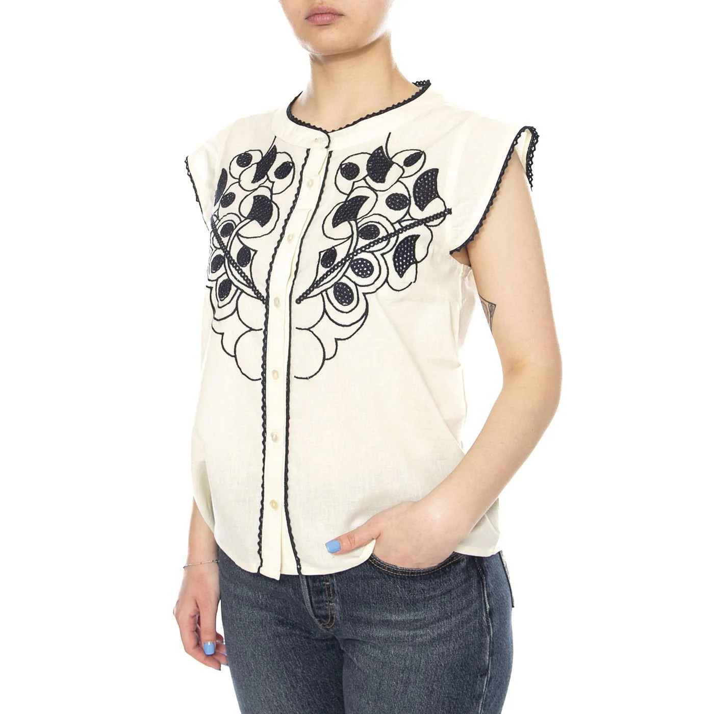 BLOUSE ECRU - Camicia Smanicata Donna Ecrù con Ricami a Contrasto Donna MD'M