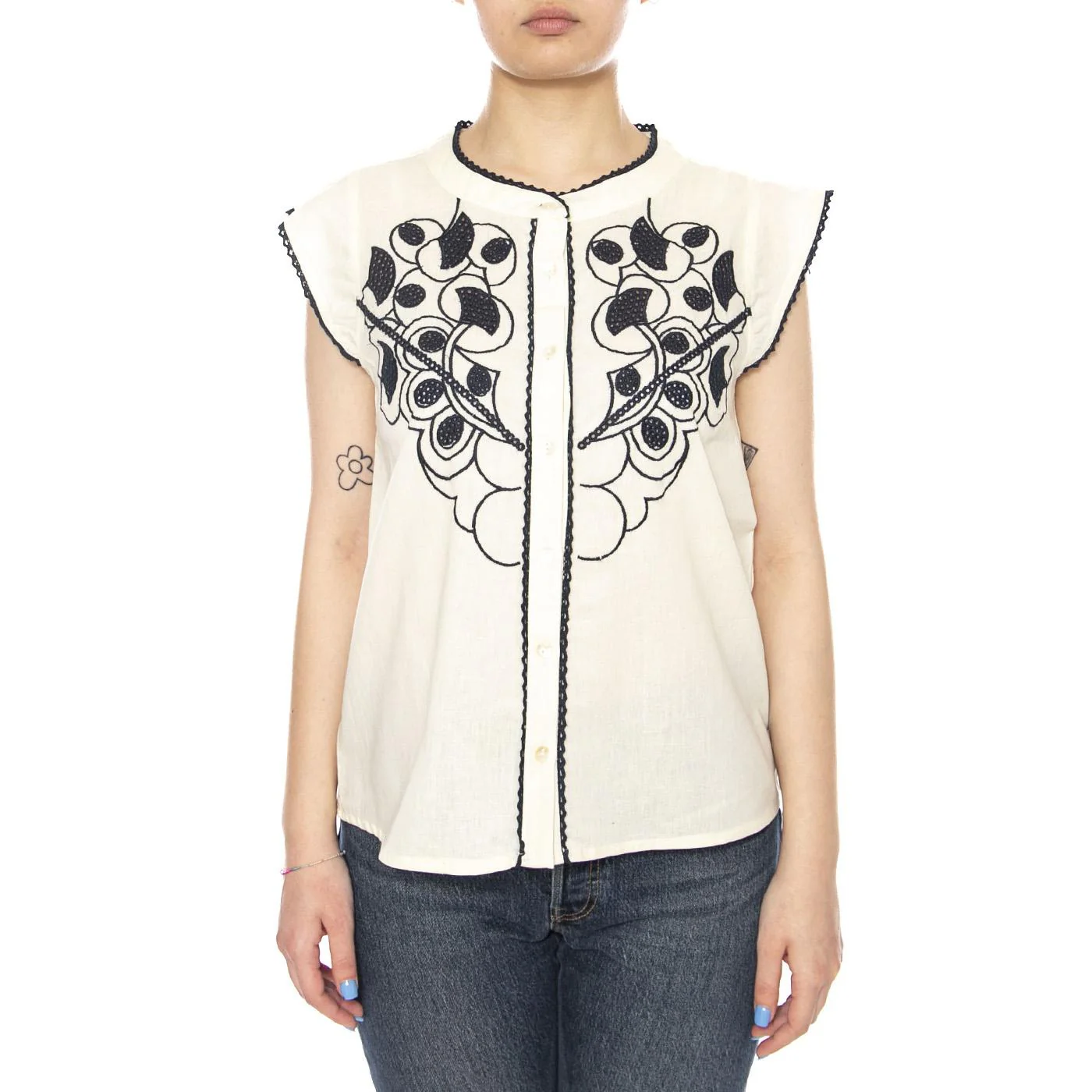 BLOUSE ECRU - Camicia Smanicata Donna Ecrù con Ricami a Contrasto Donna MD'M - Image 2