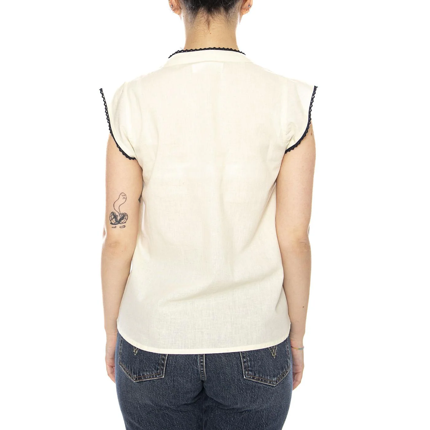 BLOUSE ECRU - Camicia Smanicata Donna Ecrù con Ricami a Contrasto Donna MD'M - Image 3