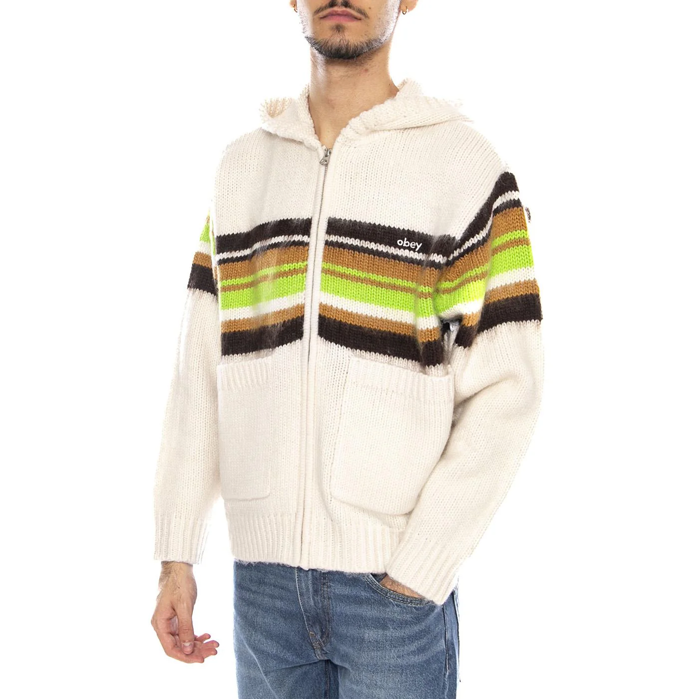 Myers Zip Up Hood Sweater Unbleached / Multi -- Felpa con Cappuccio Uomo Beige Naturale / Multicolore Uomo OBEY
