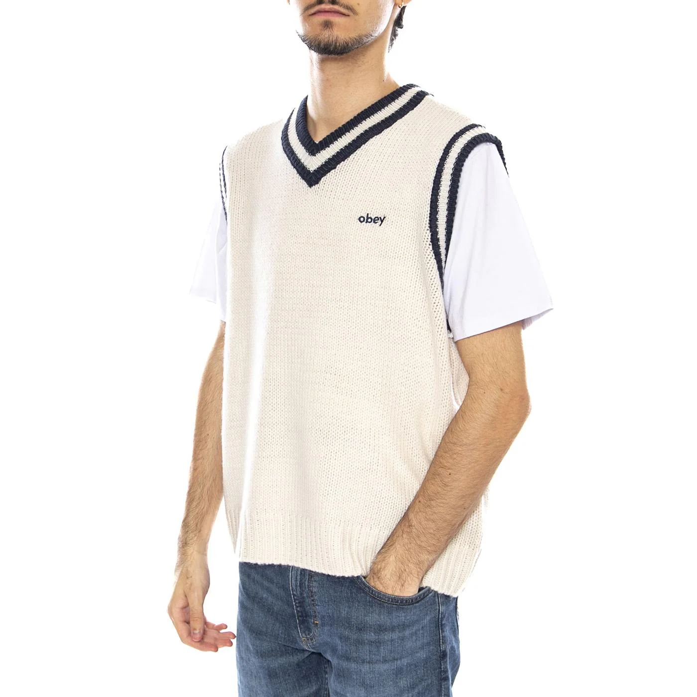 Obey Alden Sweater Vest White - Gilet Uomo Bianco  Uomo OBEY