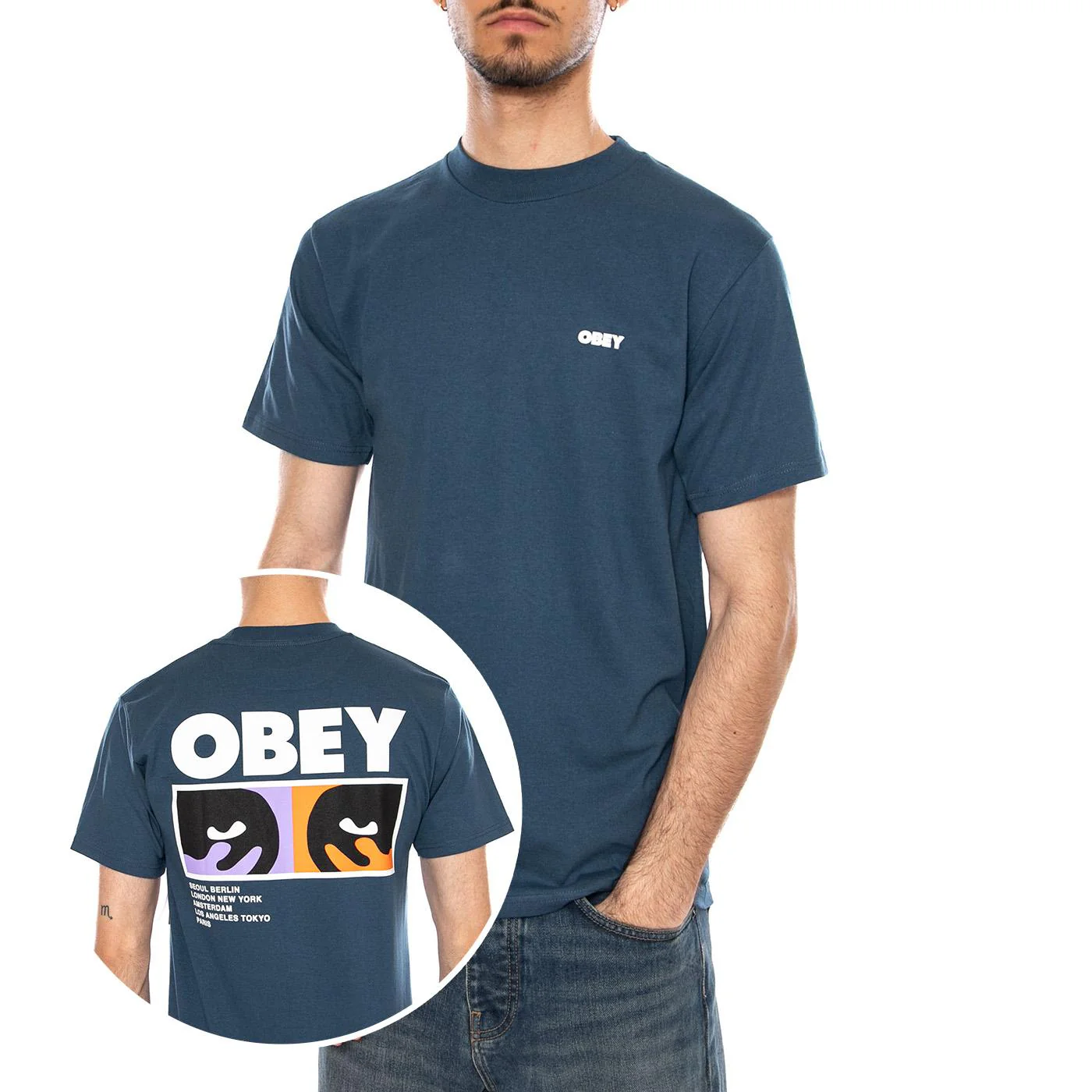 OBEY ALWAYS WATCHING TEE HARBOUR BLUE - Maglietta Girocollo Uomo Blu Uomo OBEY
