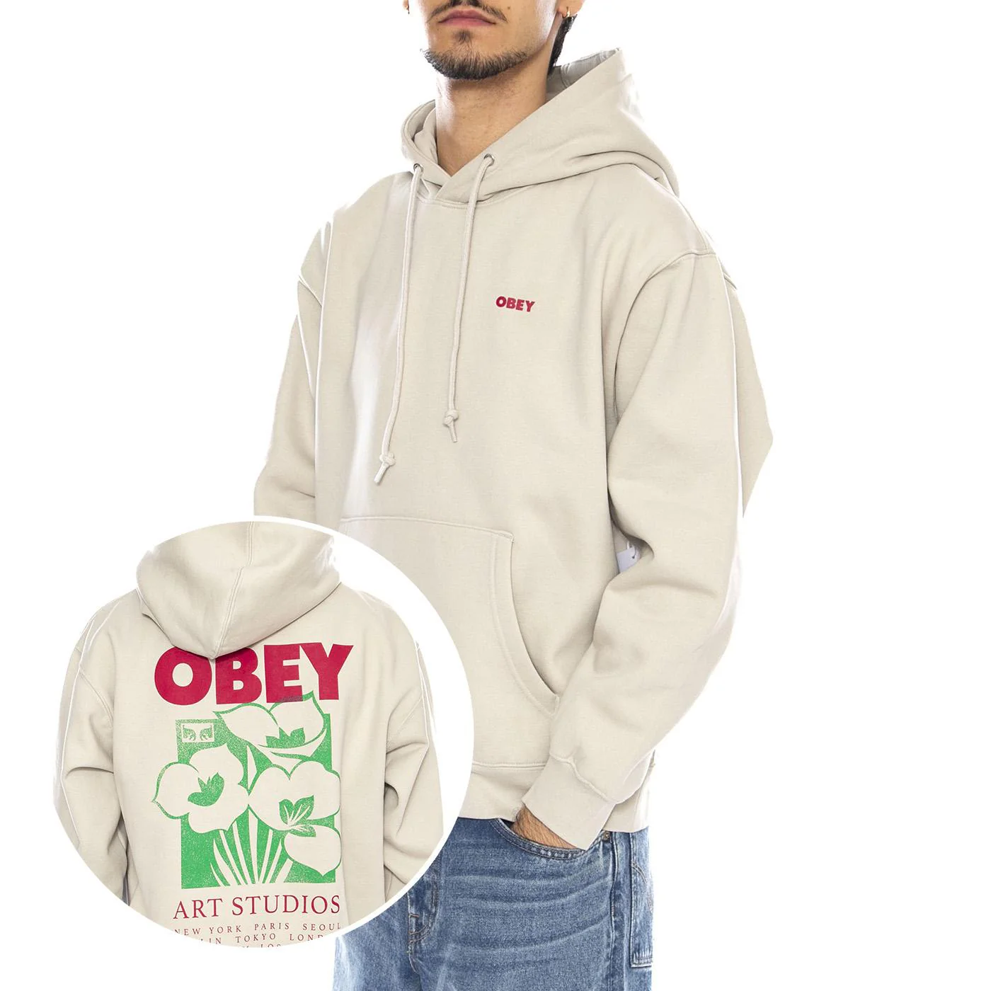 OBEY Art Studio Flowers Fleece Moonstruck - Felpa con Cappuccio Uomo Beige Uomo OBEY
