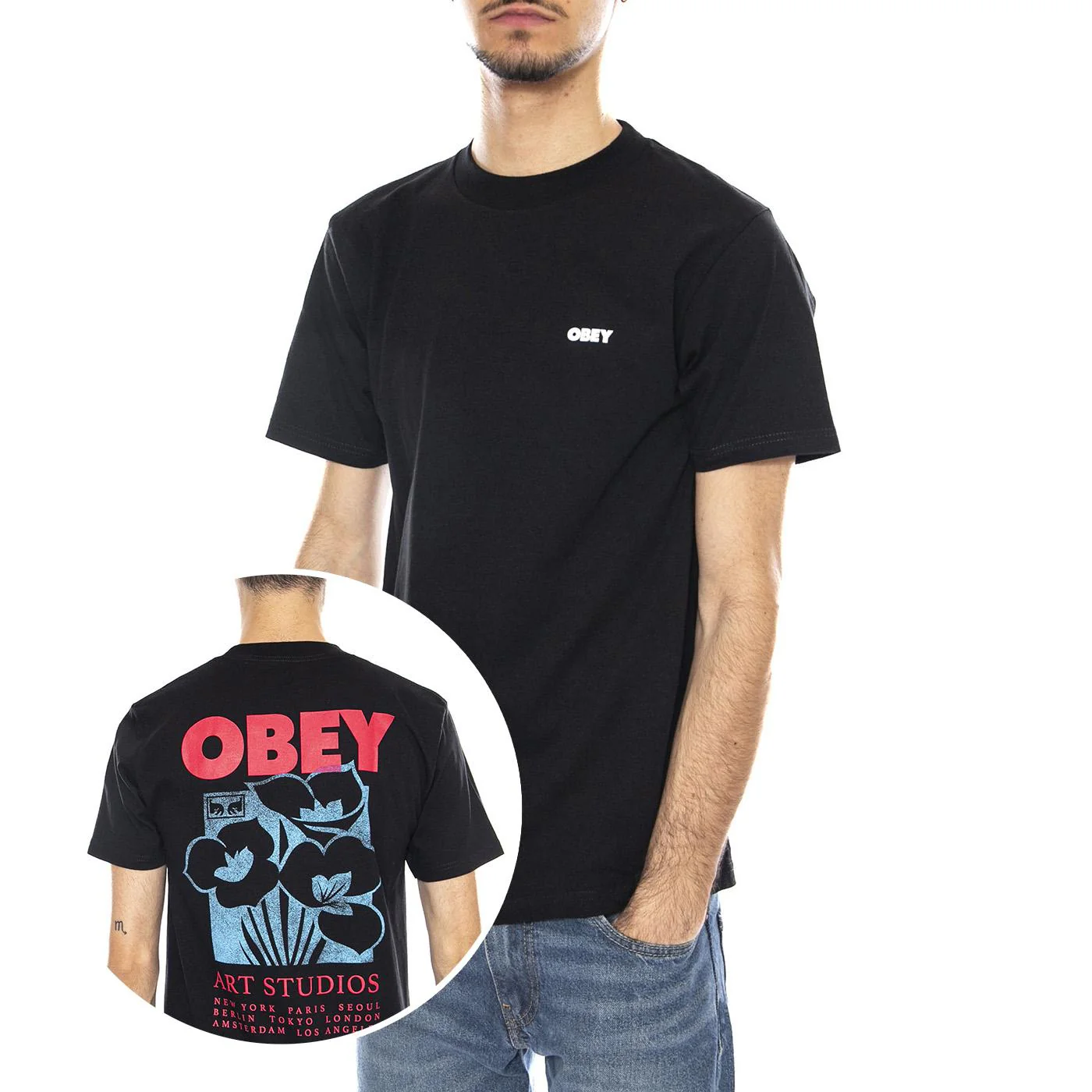 OBEY Art Studio Flowers Tee -- Maglietta Girocollo Uomo Nera Uomo OBEY