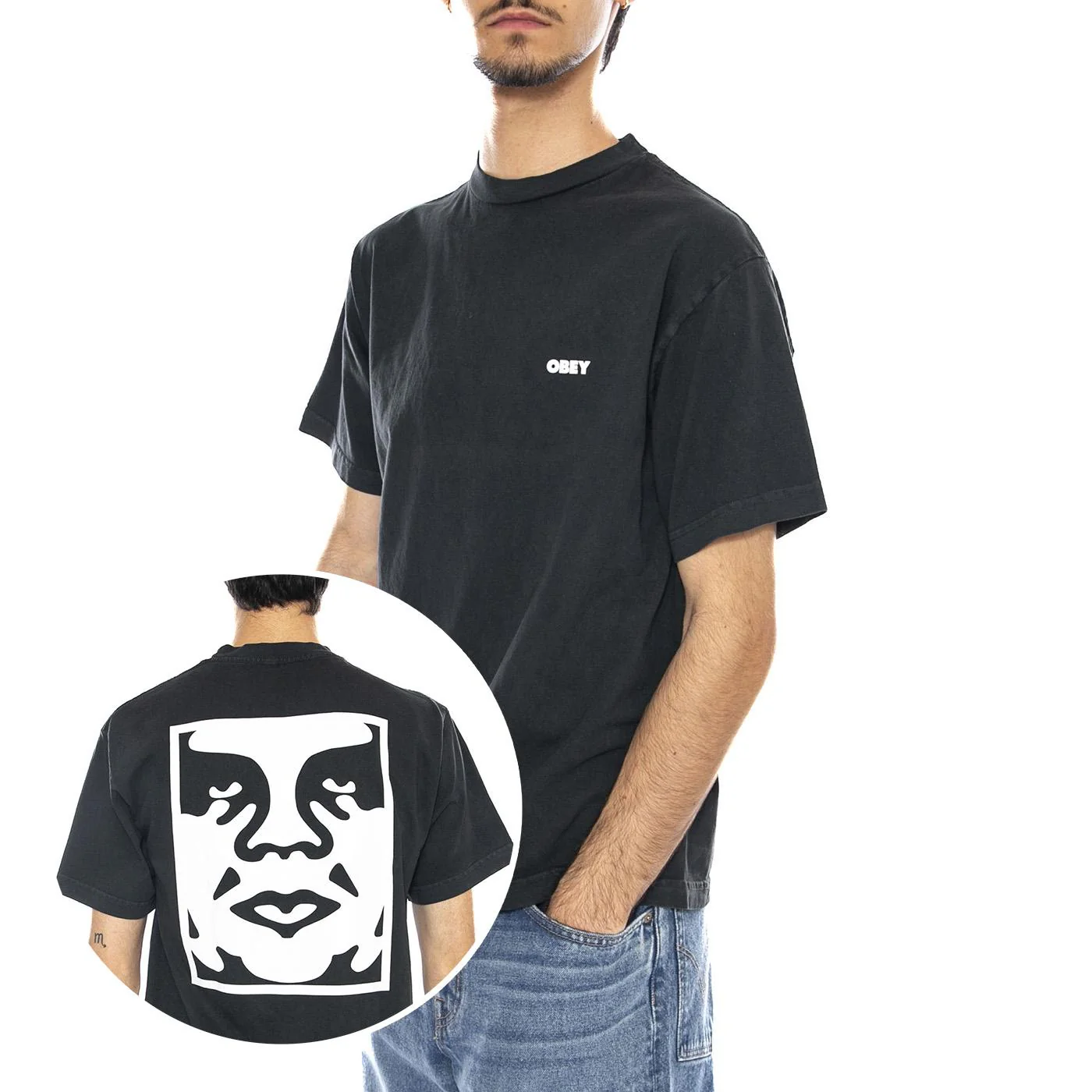 OBEY Bold Icon Face Tee Pigment Vintage White - Maglietta Girocollo Uomo Nera  Uomo OBEY