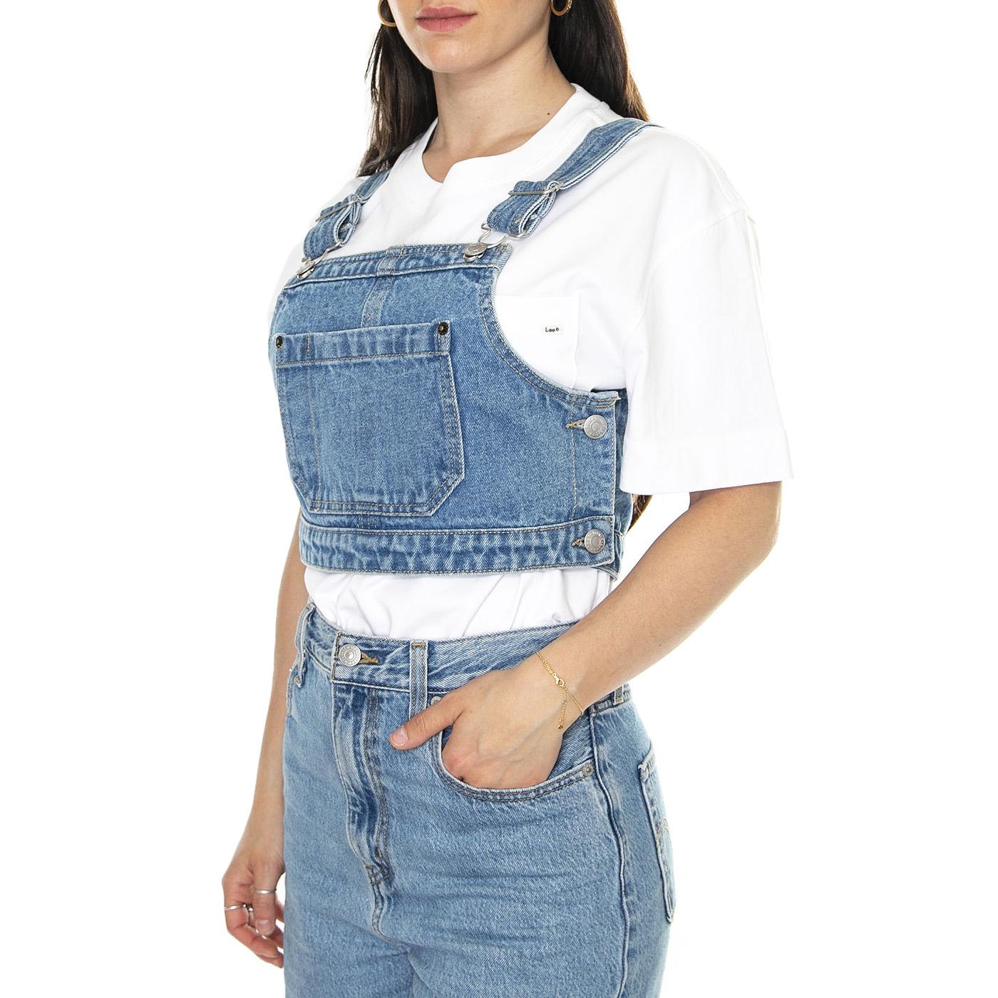 Obey Cropper Overall Denim Top Light Indigo - Top Denim Jeans Donna Blu Donna OBEY