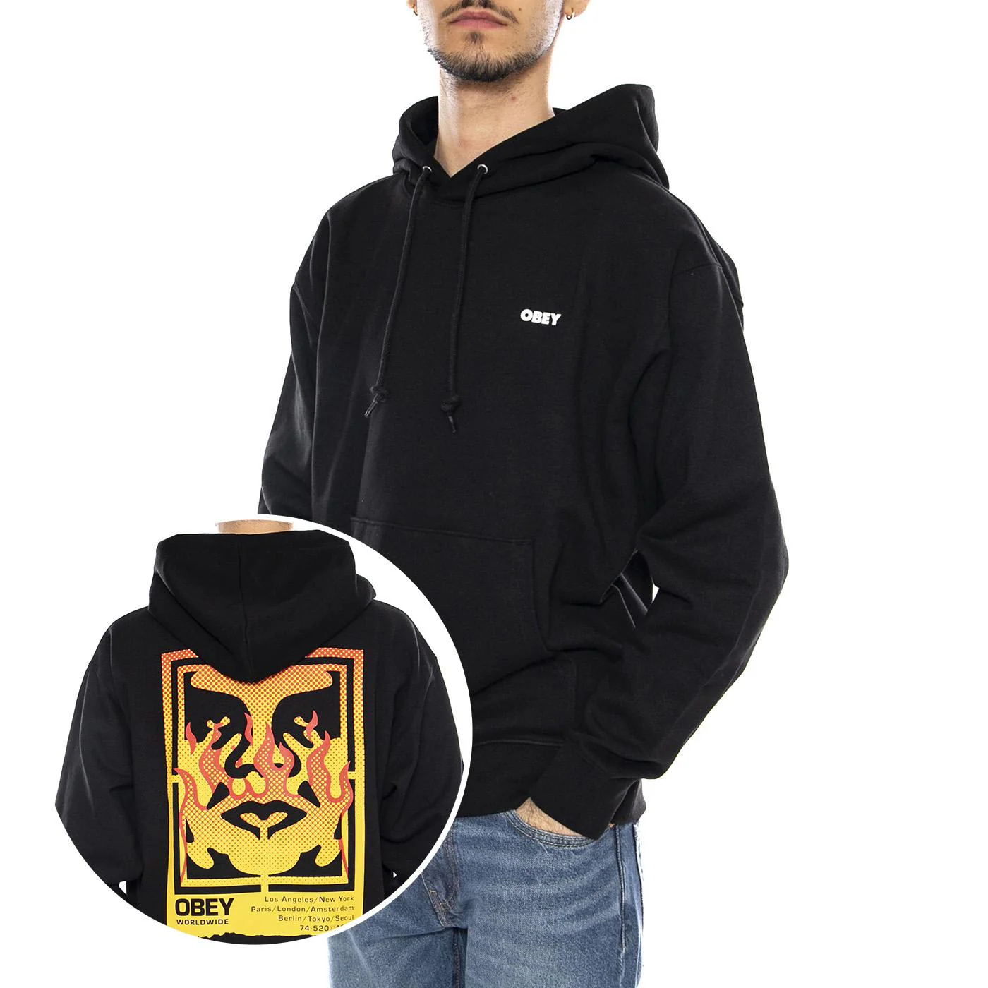 Obey Icon Stencil Flame Fleece -- Felpa con Cappuccio Uomo Nera  Uomo OBEY