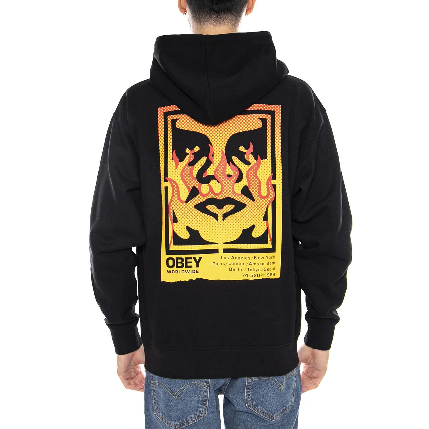 Obey Icon Stencil Flame Fleece -- Felpa con Cappuccio Uomo Nera  Uomo OBEY - Image 3