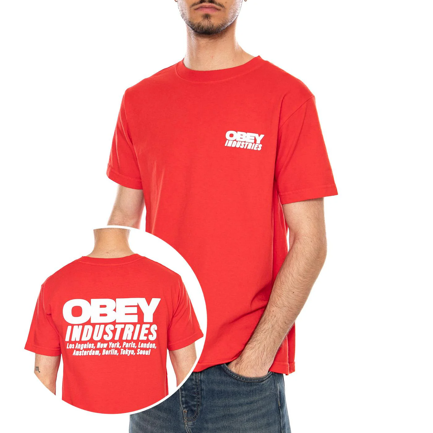 OBEY INDUSTRIES TEE PIGMENT FIERY RED - Maglietta Girocollo Uomo Rossa Uomo OBEY