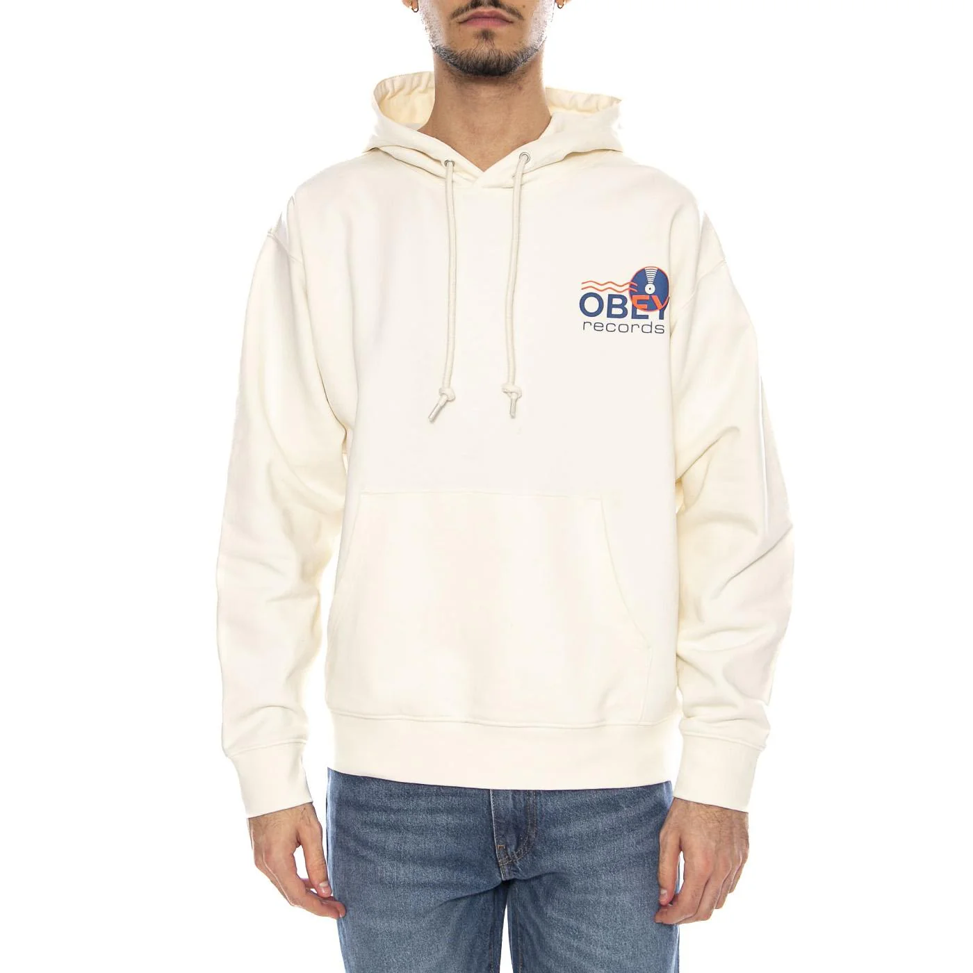 Obey Records Sound Waves Fleece Unbleached -- Felpa con Cappuccio Uomo Beige Naturale Uomo OBEY - Image 2