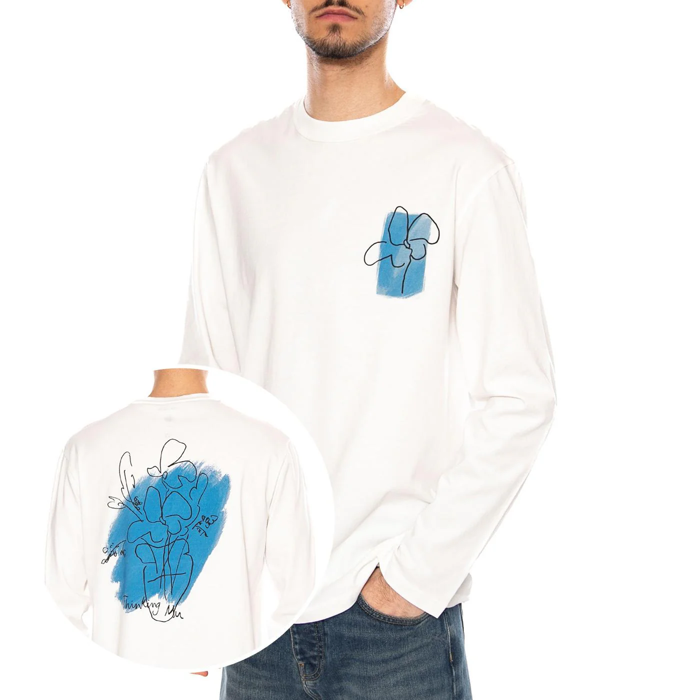FLOWER POT BLUE EMILIO R TEE WHITE - Maglietta Girocollo Maniche Lunghe Uomo Bianca Uomo THINKING MU