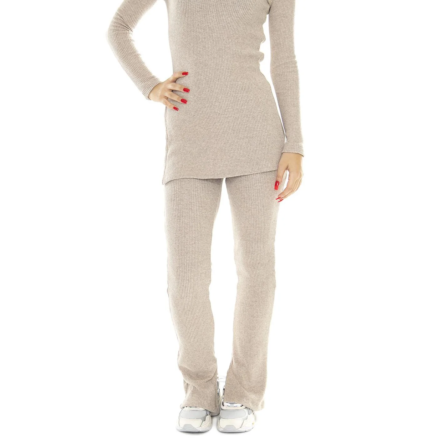 Taupe Kara Knitted Pants - Pantaloni Donna Beige  Donna THINKING MU