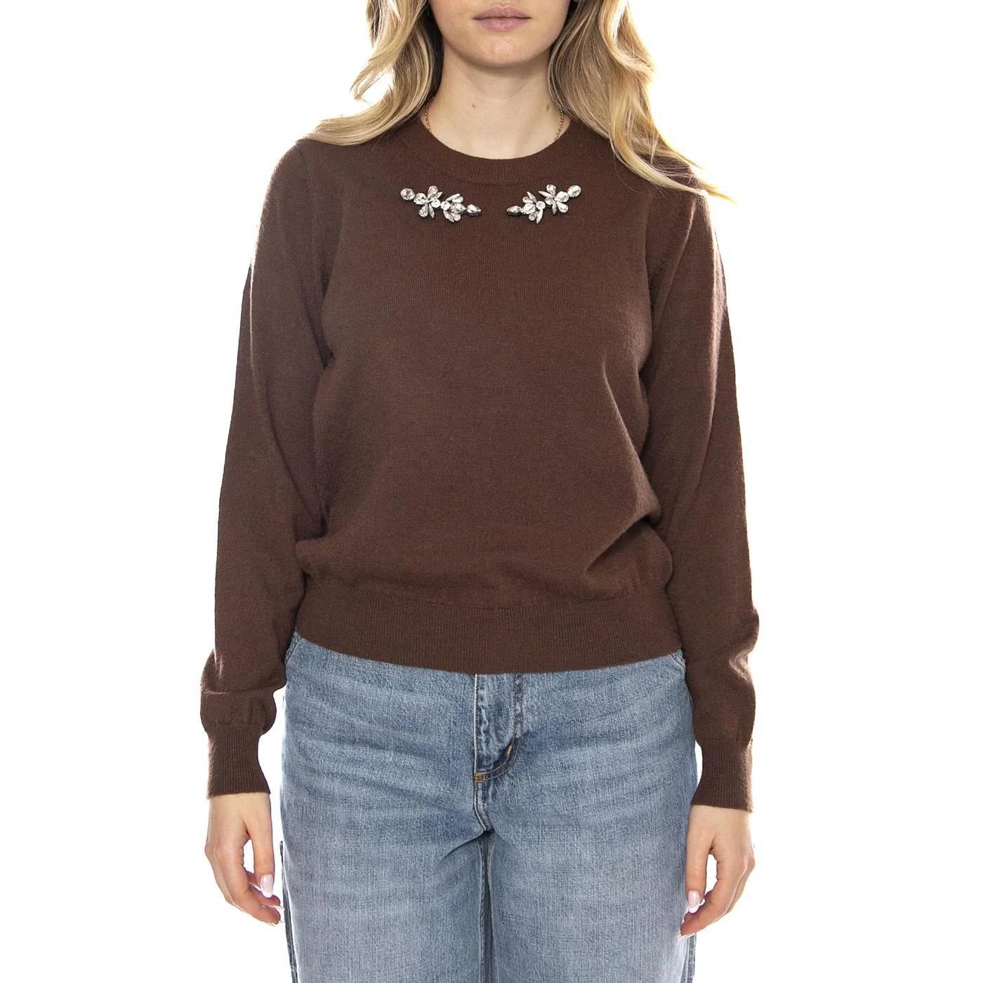 Jersey Punto con Aplique Joya -- Maglione Donna Marrone  Donna WILD PONY - Image 2