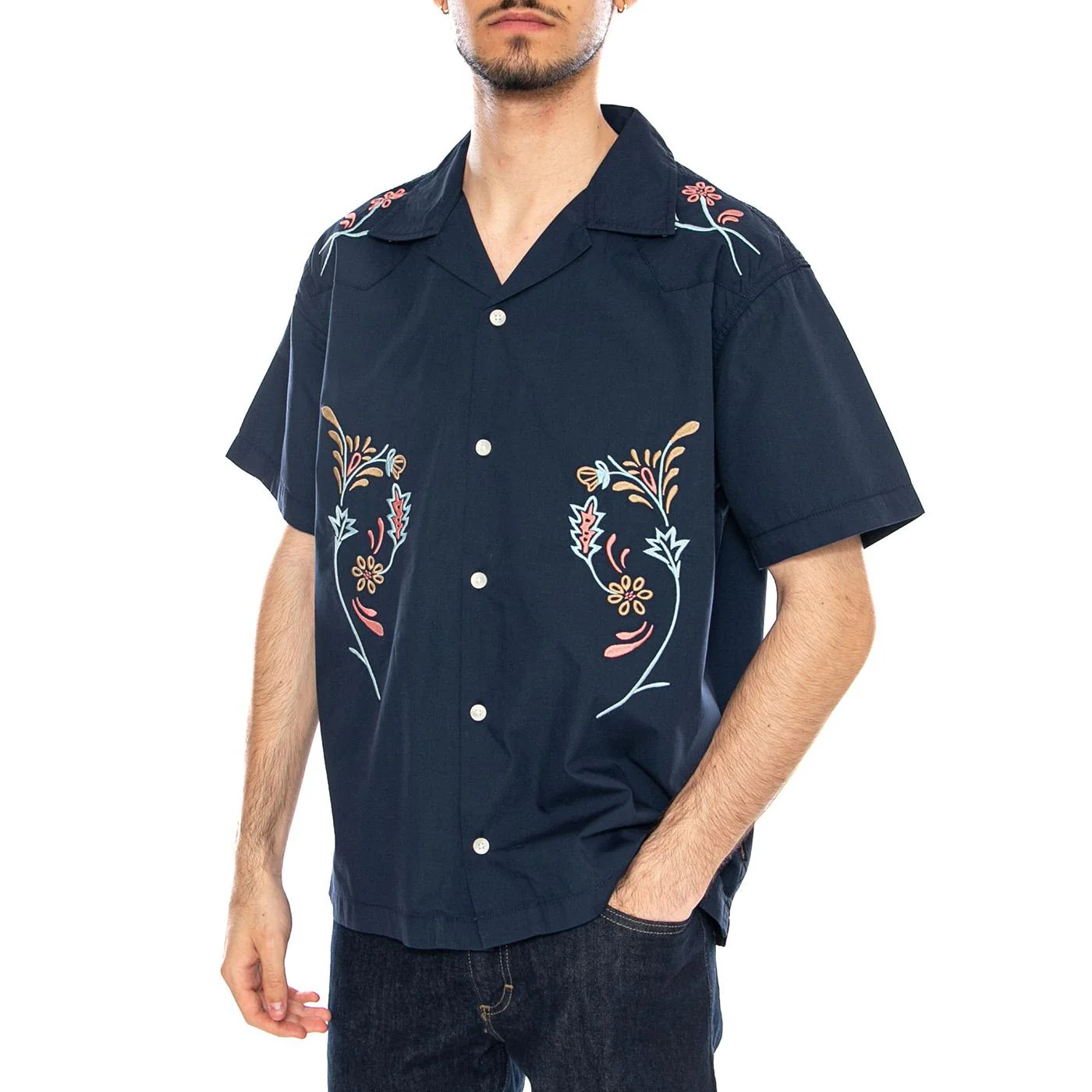 SS W Resort Shirt Navy Floral Blue - Camicia Maniche Corte Uomo Blu Uomo WRANGLER